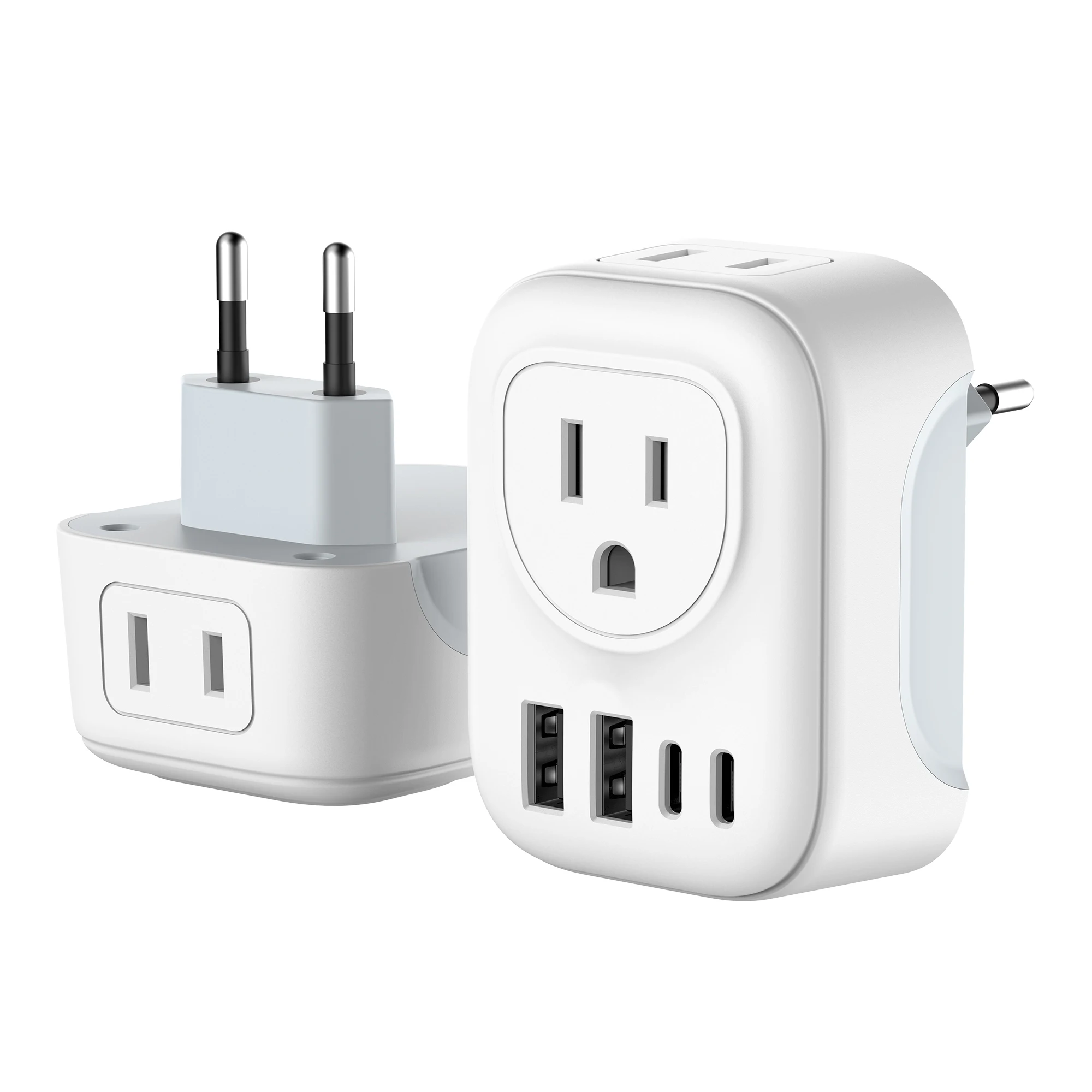 European Travel Adapter with 2 AC Outlet 2 USB A and 2 Type C Port 6 in 1 Power Converter Plug for Canada USA Wall Charger