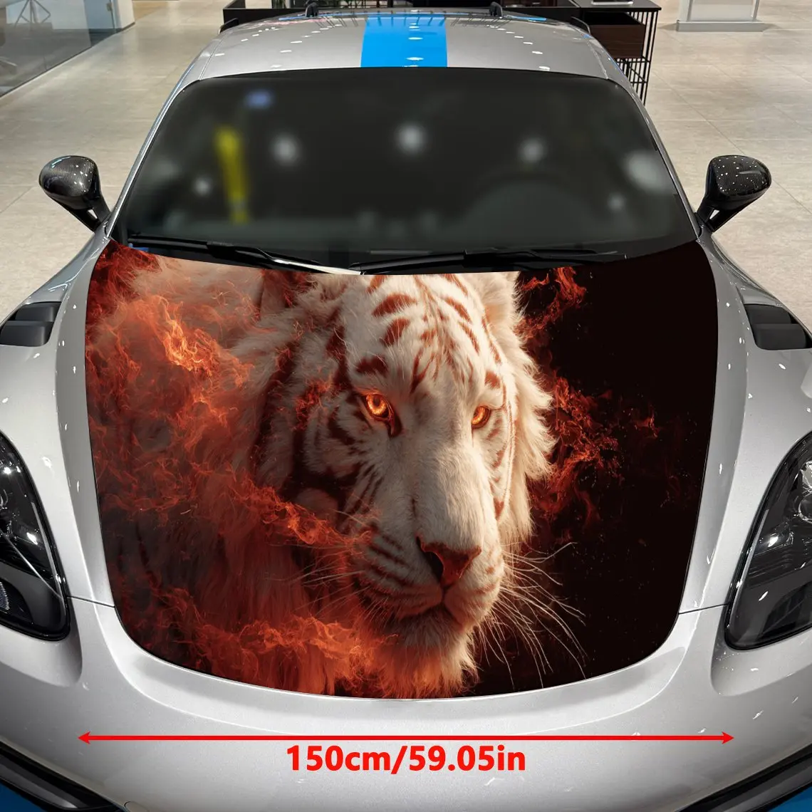 Car Decals A White Tiger with Distinct Stripes in a Fiery, Red-Orange Textured Background with Dynamic Flame Elements Car Hood S