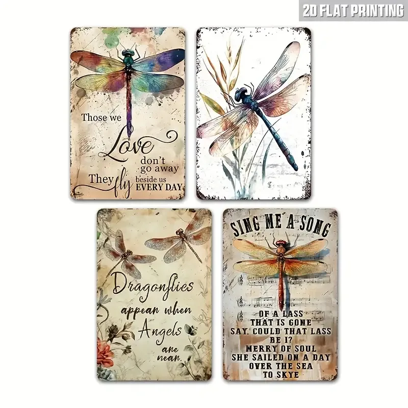 2D Flat, 4pcs Vintage Dragonfly Metal Wall Art Set- Antique Dragonflies& Dandelion-like Insect Signs With Song Lyrics Phrases