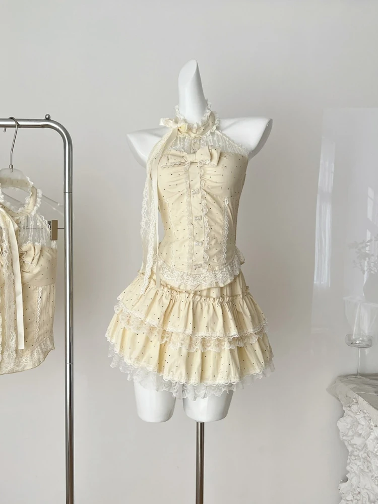 

Summer Women Korean Ballet Core 2000s Shoujo Girl Kpop Gyaru Outfits 2 Piece Set Polka Dot Lace Tank Tops + Coquette Mini Skirt