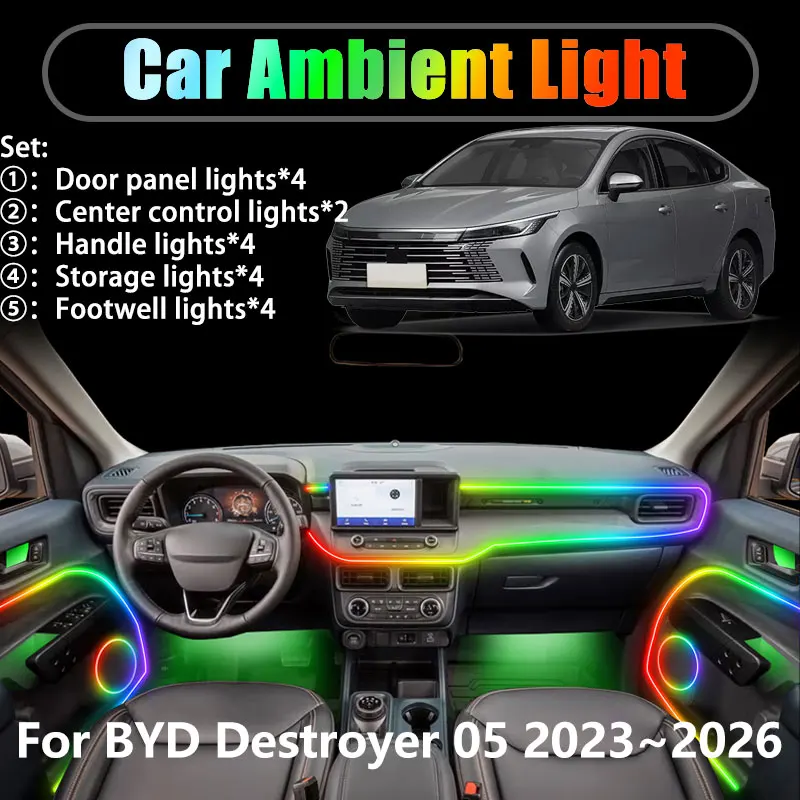 

For BYD Destroyer 05 2023~2026 2024 2/18 in 1 Car ambient lighting Led trunk interior led lights USB RGB Ensemble Streamer Auto