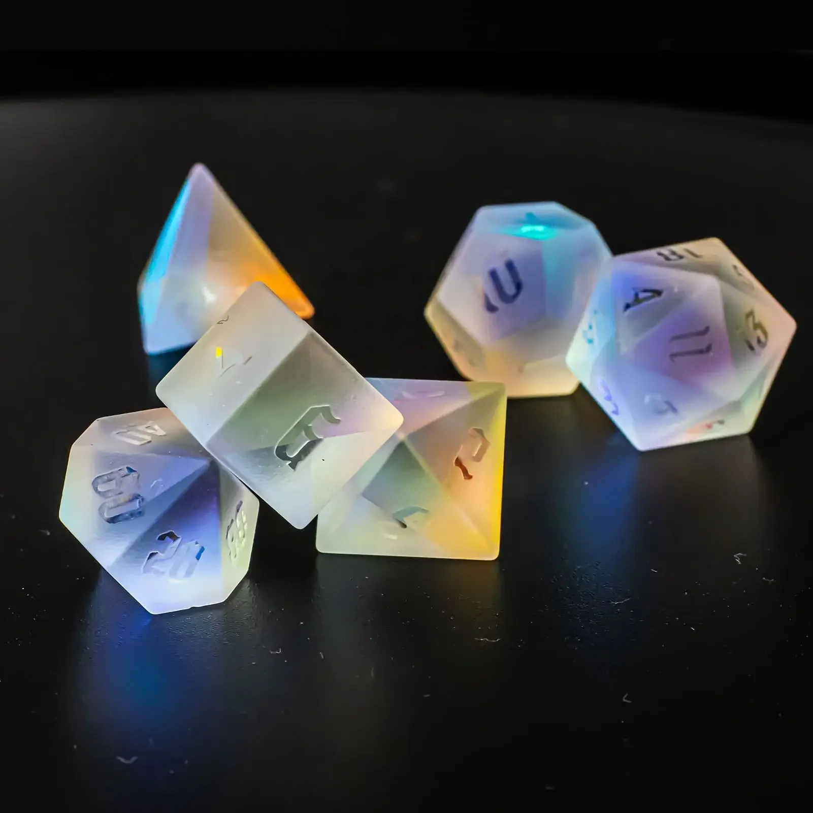 

D4 D6 D8 D10 D% D12 D20 RPG DND Gem Dice Handmade Glass Rainbow Frosted Prism Setjavascript: