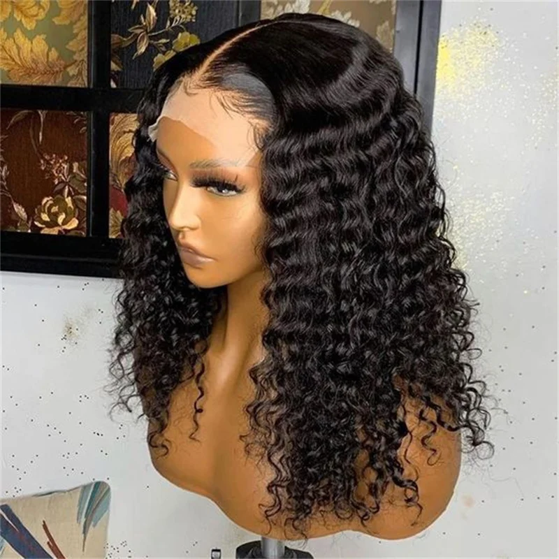 Peruca dianteira longa e encaracolada para mulheres, cabelo preto natural do bebê, resistente ao calor, sem cola, pré-arrancado diariamente, 26 ", 180Density