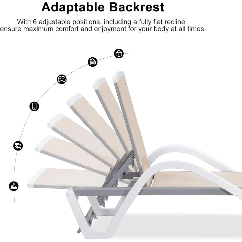 طقم كراسي صالة تشيس للفناء خارج كراسي دباغة بلاستيكية قابلة للتكديس من الألومنيوم مع مساند للذراعين وطاولة جانبية لحمام السباحة
