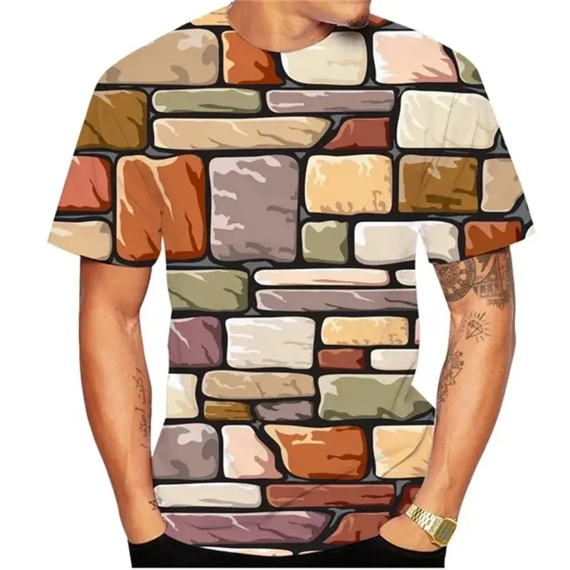 تي شيرت رجالي ثلاثي الأبعاد بجدران الطوب ، قمم بأكمام قصيرة ، شخصية غير رسمية ، تيشيرتات رسومات أصلية مطبوعة ، موضة صيفية ، اتجاه جديد