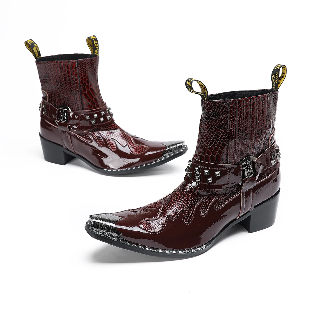 New Men's Genuine Leather Mid-Heel Riding Boots Slip-On Dress Shoes Punk Totem Studded Iron Toe Western Chelsea Boots