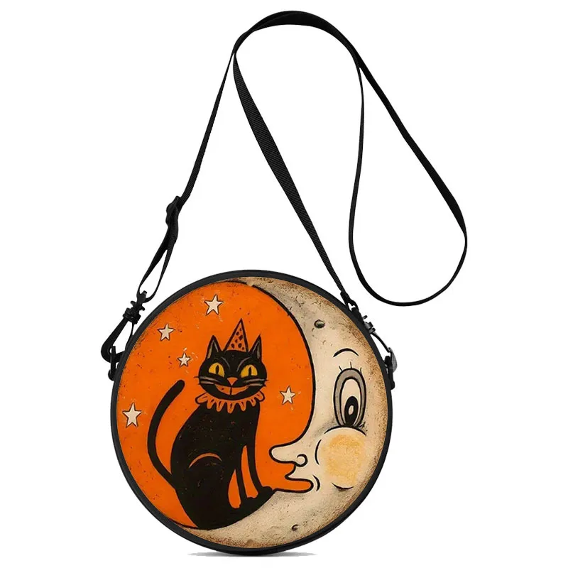 Women Orange White Cat Moon Round Crossbody Bag, Soft Light Zipper Shoulder Bag, Trendy Handbag for Work Shopping Travel