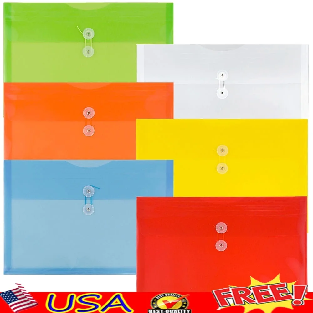 

Assorted Plastic Envelopes 6 Pack Durable Button String Tie Closure Storage Documents Mail Organization 9.75x14.5 Inches