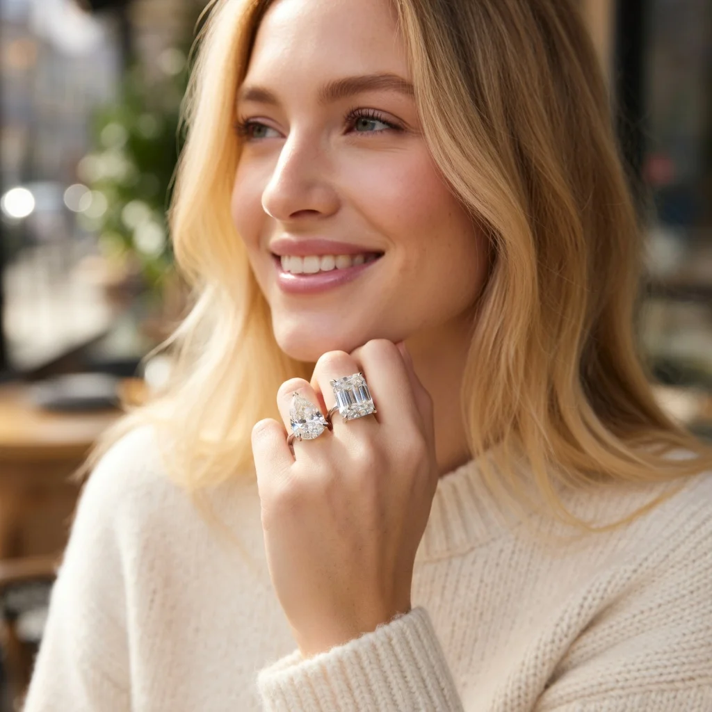 

Luxury 12CT PT950 Platinum Twin Moissanite Ring Pear & Emerald Cut Adjustable Open Ring for Women Dazzling Sparkling Jewelry