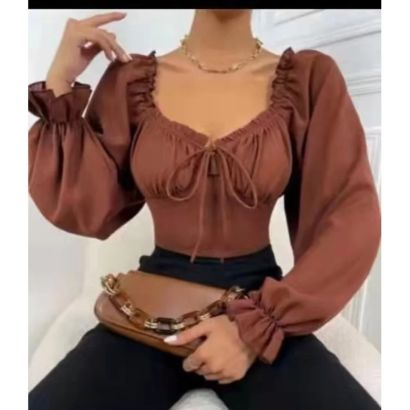 

Newcrop topFoldVLing Xin Ji Hollow Out Short Top New Women's Puff Sleeve Blouse