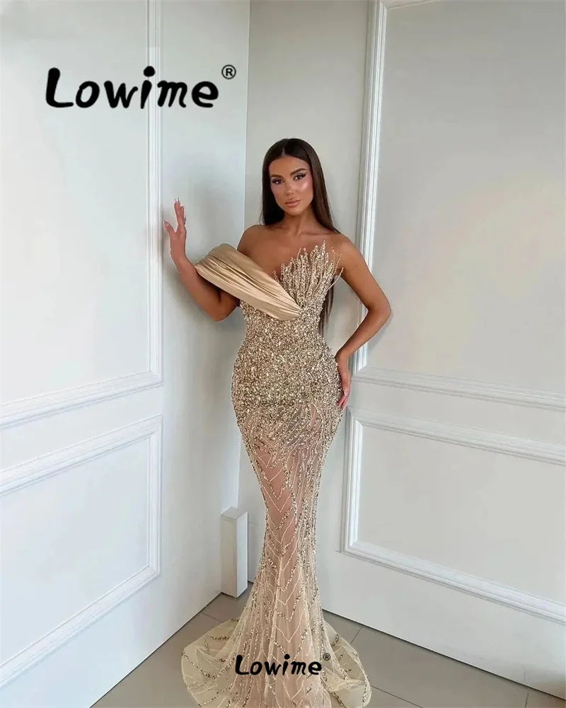 2024 Aso Ebi Champagne Mermaid Prom Dress Beaded Off Shoulder Evening Formal Party 50th Birthday Engagement Gowns Dresses Robes