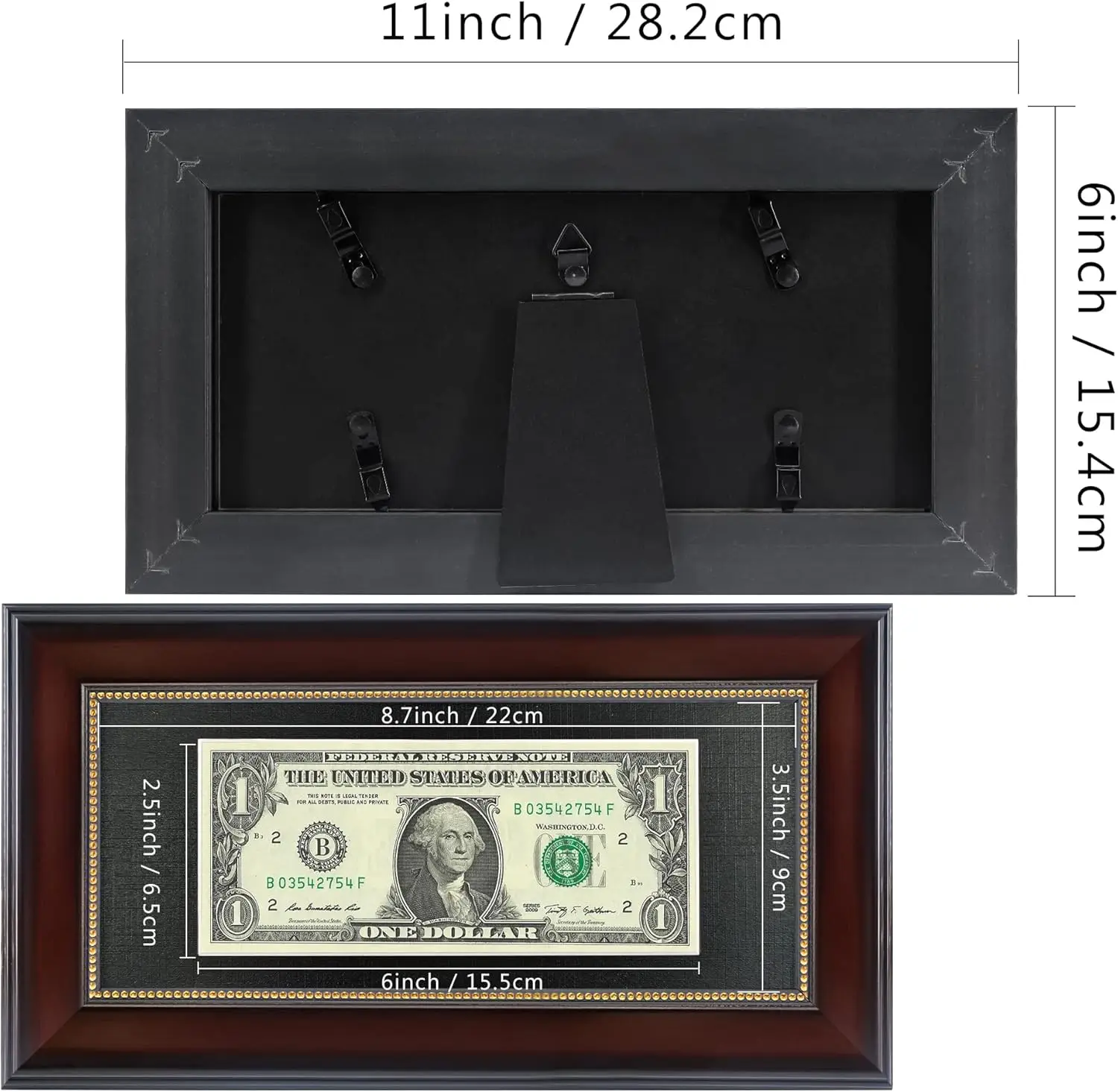 Mahogany Dollar Bill Frame With Bla Mat Or Display 4X9 Picture Without Mat,Real Glass,2 Pack