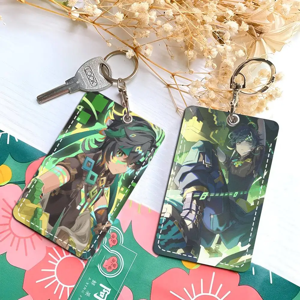 Kinich Genshin Impact PU Leather Card Holder Keychain Key Ring Door Lock Access Tags ID Card Case Keychain Card