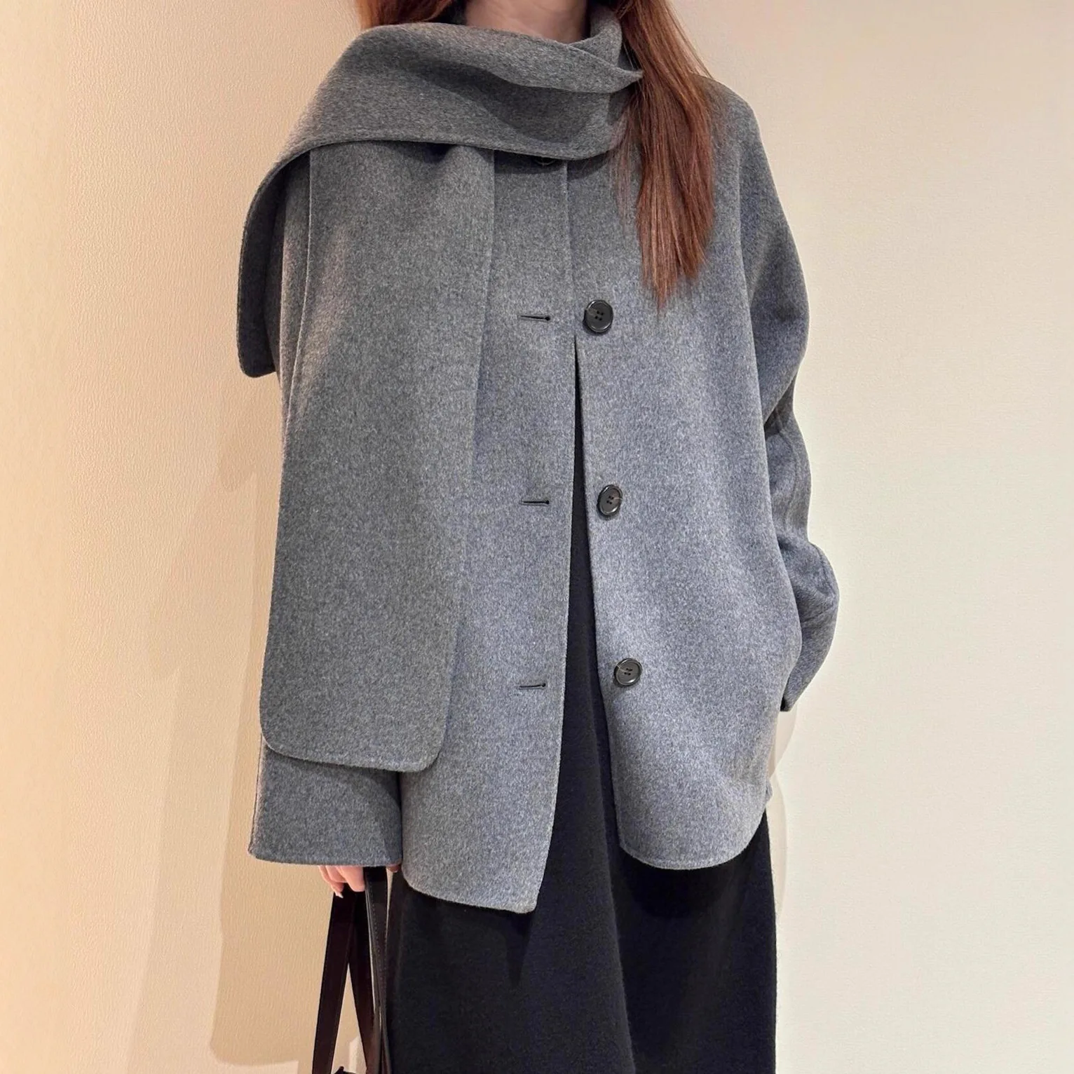 25 Autumn/Winter New Style Double-sided Tweed Scarf-style Short Coat Jacket Loose Neck Wrap Coat for Women