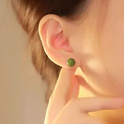 PANJBJ 925 Sterling Silver Hotan Jade Stud Earring for Women Girl Round vintage Luxury Jewelry Banquet Gift Dropshipping
