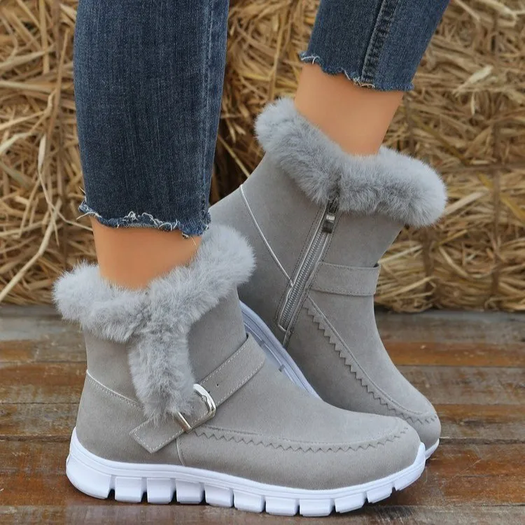 Botas de nieve cálidas de piel para Mujer, zapatos informales de gamuza de felpa corta, botines planos de Gladiador, Botas deportivas para Mujer,