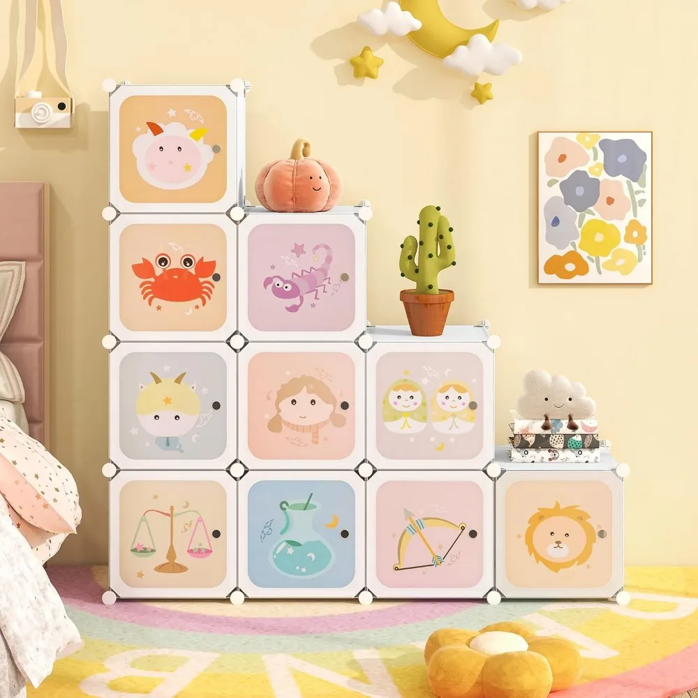 Armoire portable pour enfants avec portes, 12 cubes et 2 sections suspendues pour organisateur de rangement pour chambre d'enfant