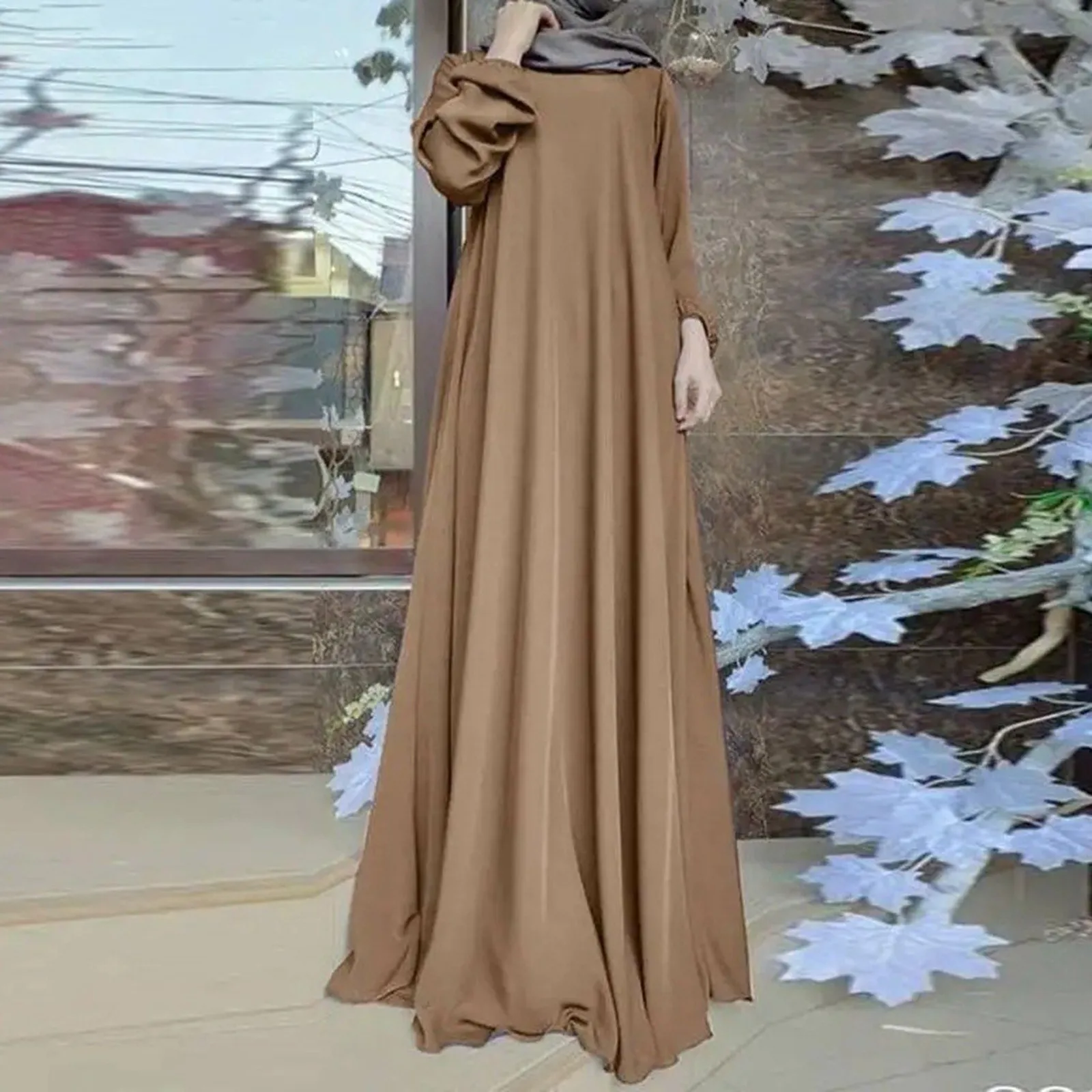 

Solid Muslim Dress Vintage Loose Satin Puffy Sleeves Dress For Women Dubai Full Length Abaya Turkey Muslim Kaftan Femme Musulman