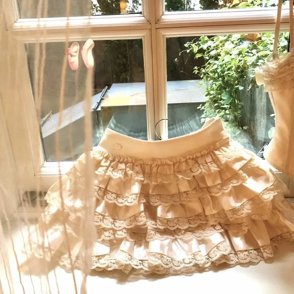 

Vintage Bow Lace Sling Top Tank Chic Slim Fluffy Cake Skirt Flower Sexy Outfit Skirt Suit Spicy Girls