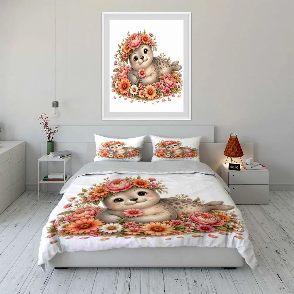 Gentle seal with blooming flowers Duvet Cover Set with 3D Printing Design Soft Polyester Bedding Set All-Season Comfort
