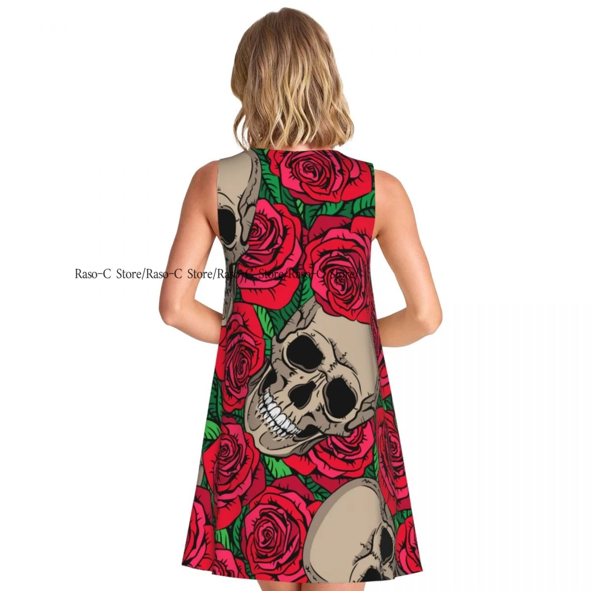 ชุดสตรีกะโหลกและดอกกุหลาบฤดูร้อนเสื้อยืดลําลองชายหาดปกคลุมชุดถัง