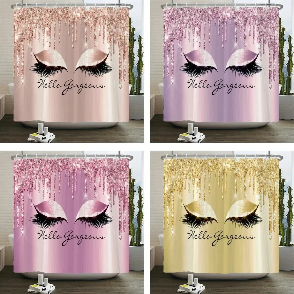 Girly Rose Gold Eyelash Makeup Shower Curtain Bath Curtain Set Spark Rose Drip Bathroom Curtain Eye Lash Beauty Salon Home Decor