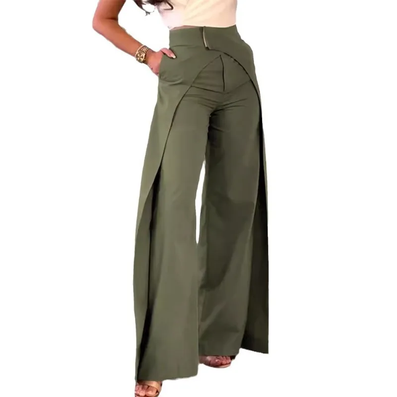 Spring Summer New Women\'s Clothing Solid Color Fashion Staggered Design Casual Wide Leg Pants Loose Trouses