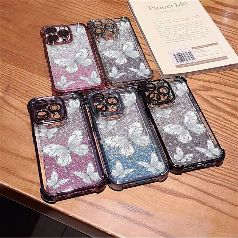 Butterfly Flash Powder Card Phone Case For IPhone 17 Pro Max 16 15 Pro Max Plus 12 13 Mini Plating TPU Airbag Korean Cover