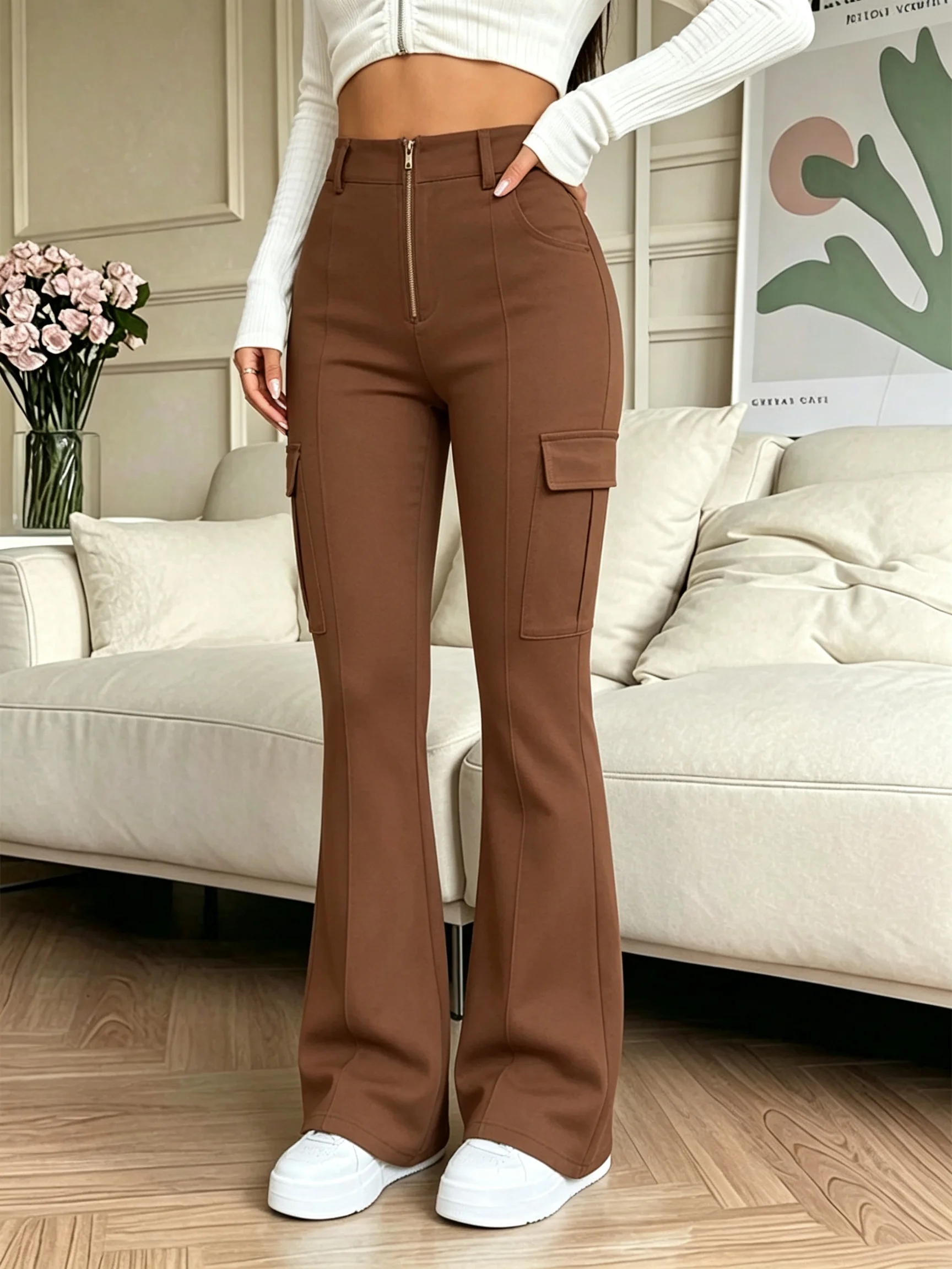 Women High Waist Cargo Flared Pants Button Closure Multi Pockets Seam Detail Slim Fit Casual Trousers