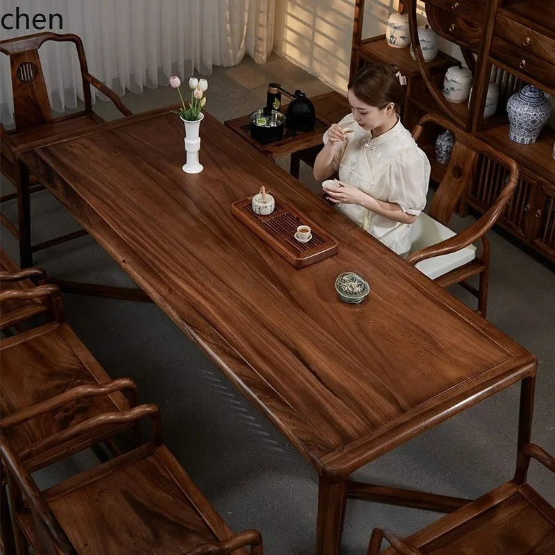 HT New Chinese Style Office Reception Large Tea Table Walnut Tea Table Full Set Home Light Luxury