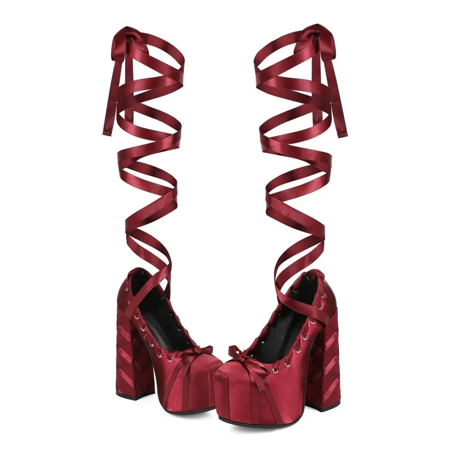 Women Lolita Satin Ballet Style Platform High Heel Pumps Round Toe Bow Lace Up Ribbon Wrap Around Leg Chunky Block Heel Shoes
