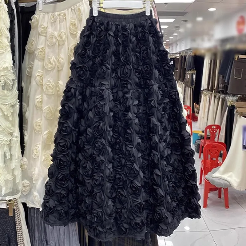 EWQ Casual Fashion 3D Flower Design All-match Loose Ball Gown Skirts High Waist Big Size Skirt Women 2024 Autumn New Tide