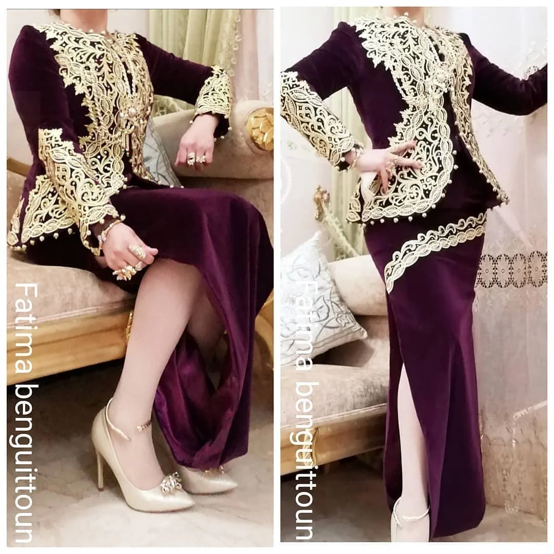 Karakou Algerois Burgundy Evening Dresses with Long Sleeve Gold Lace Velvet Sexy Slit Arabic Dubai Outfit Prom Occasion Gown