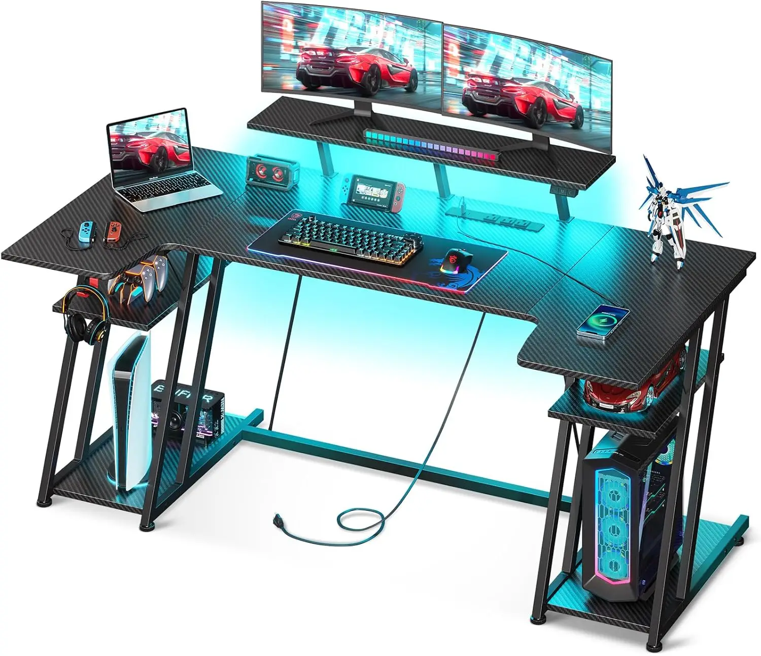 

MOTPK Gaming Desk with LED Lights, 60 Inch U Shaped Desk with Power Outlet, Gaming Computer Desk with Storage Shelves,