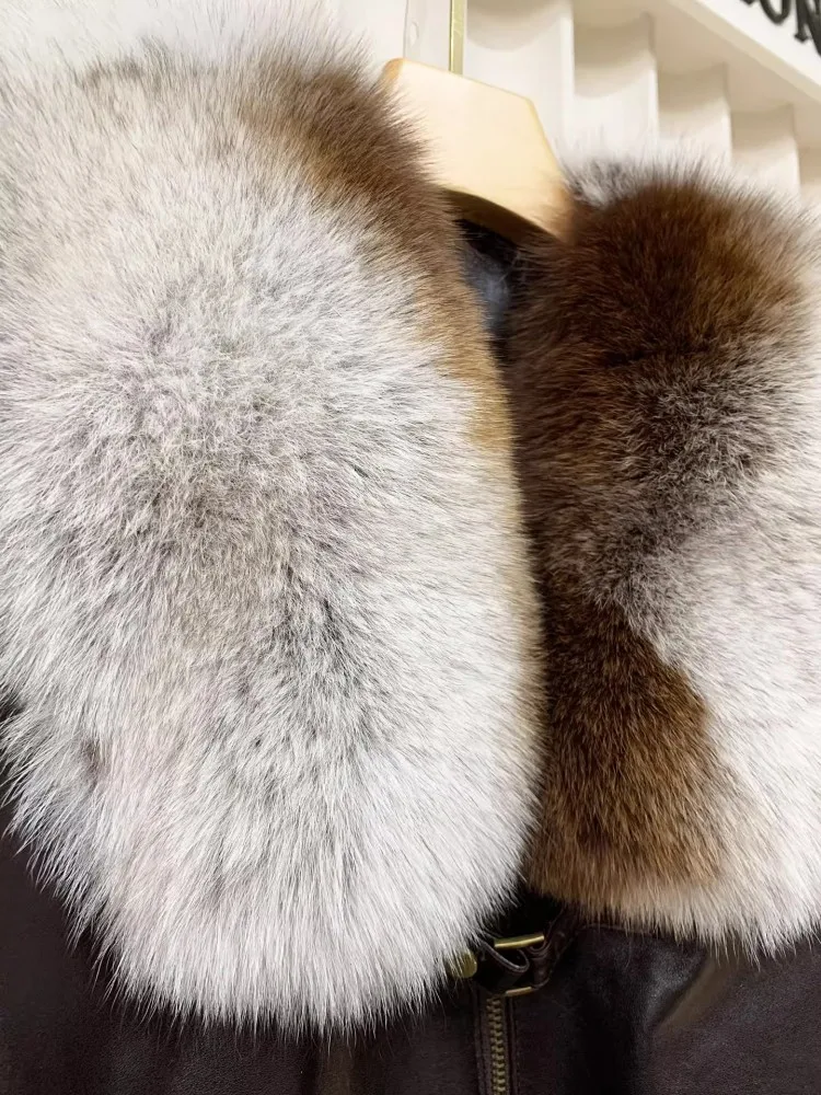 Winter New Warm Women Genuine Leather Goose  Down Coat Luxury Fox For Collar Sheepskin Jacket Loose Fit Ladies Casual Outerwear