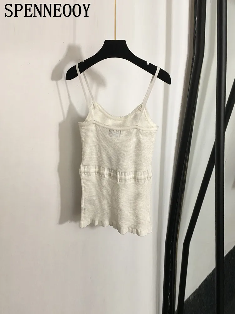 SPENNEOOY Fashion Runway Summer White Color Spaghetti Strap Vest Women's O-Neck Drawstring Waist Solid Color Casual Tops