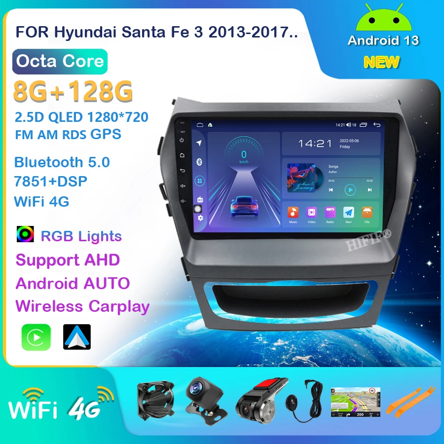 Android 13  6G+128G Car Radio Multimedia Player For Hyundai Santa Fe 3 Grand 2012-2017 2 din RDS GPS Navigaion Split Screen