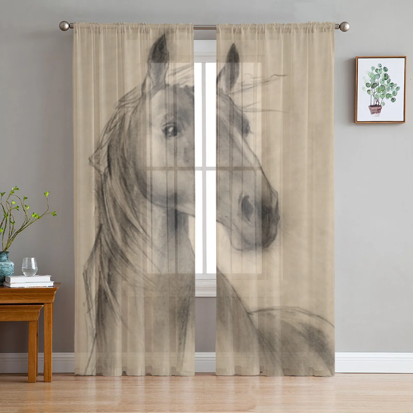 Freehand Horse Head Pencil Drawing Sheer Curtains for Living Room Transparent Tulle Window Curtain Bedroom Kitchen Veil Drapes