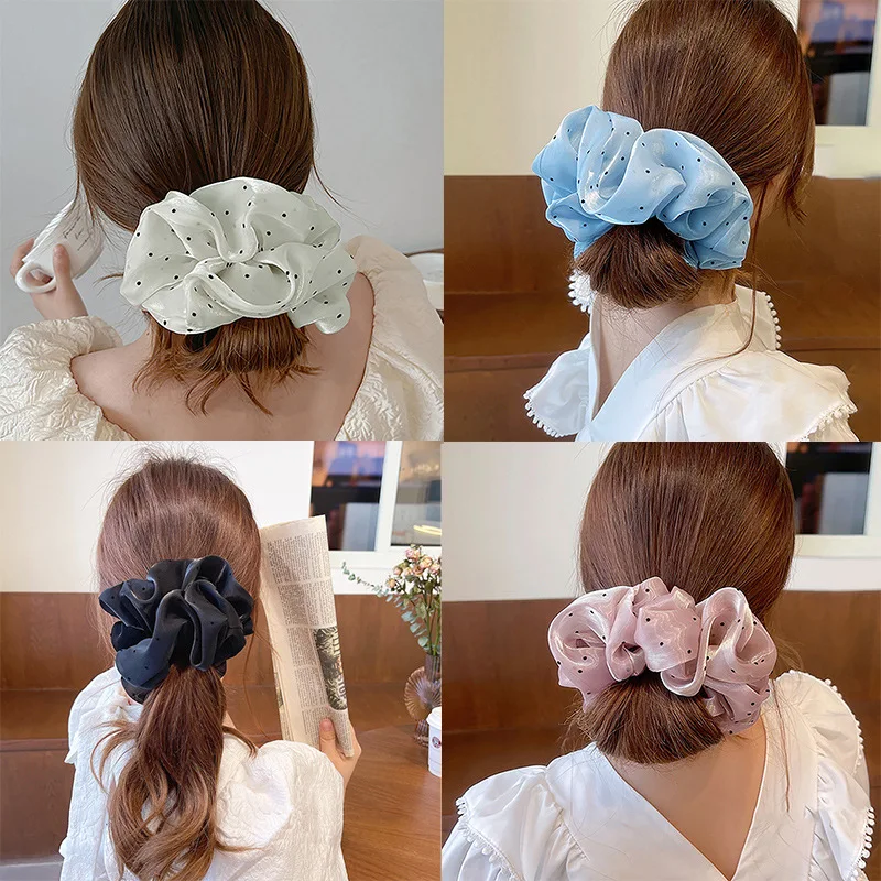 Fashion Oversized Dot Scrunchie for Women French Grace Summer Chiffon Ponytail Holder Elastic Hair Bands Headwear