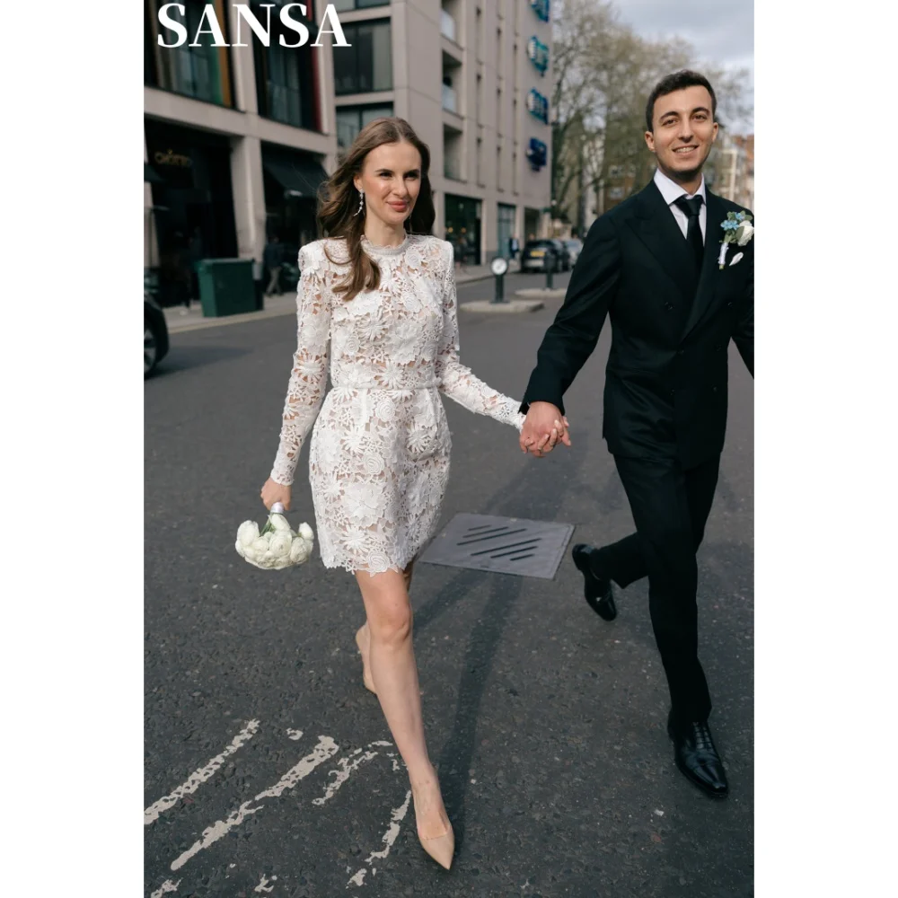 

Sansa Formal White A-line Embroidery Floral Mini Lace Evening Dress O-Neck Wedding Dresses Long Sleeve vestidos de fiesta 2024