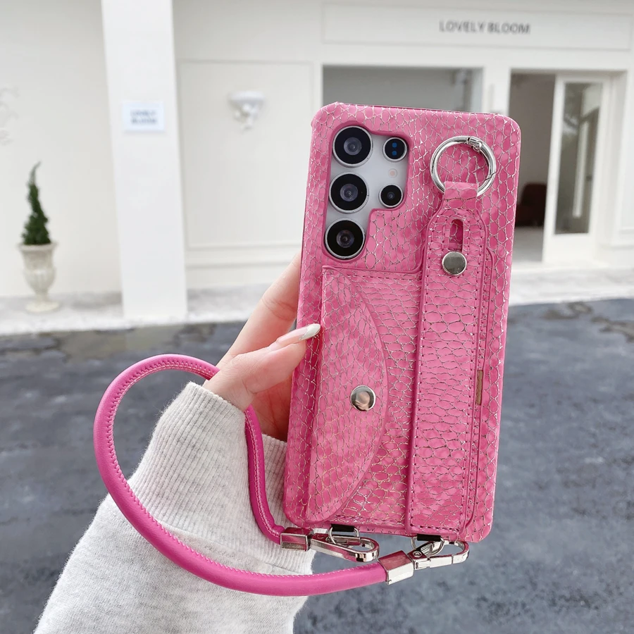 

for Samsung S25 S24 S23 S22 Ultra Card Pocket Cover Snake Grain Wrist Band Phone Case