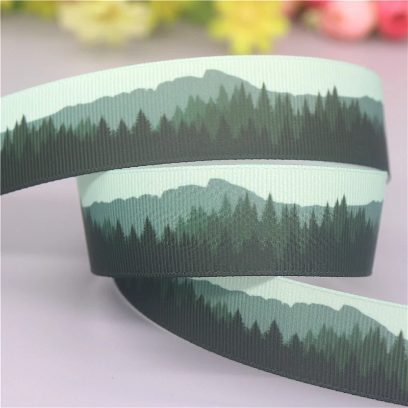 DUWES 50yards Mountain Tree Printed Grosgrain Ribbon Accessories Material Headwear Decoration DIY Sewing Craft D2223