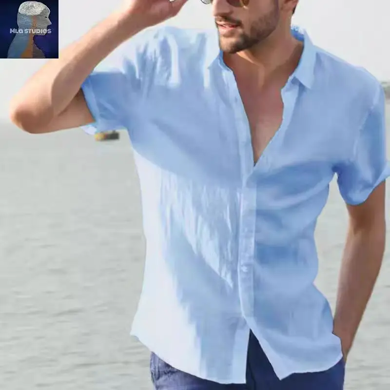 Cotton Linen Hot Sale Men\'s Short-Sleeved Shirts Summer Solid Color Turn-down collar Casual Beach Style Plus Size