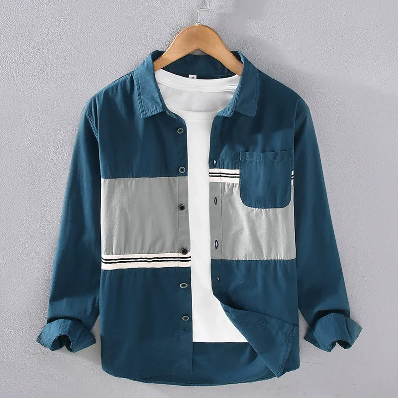 Patchwork Design Trendy Shirts For Men Long Sleeve Cotton 100% Spring Quality Soft Comfortable All Match Lapel Camisas De Hombre