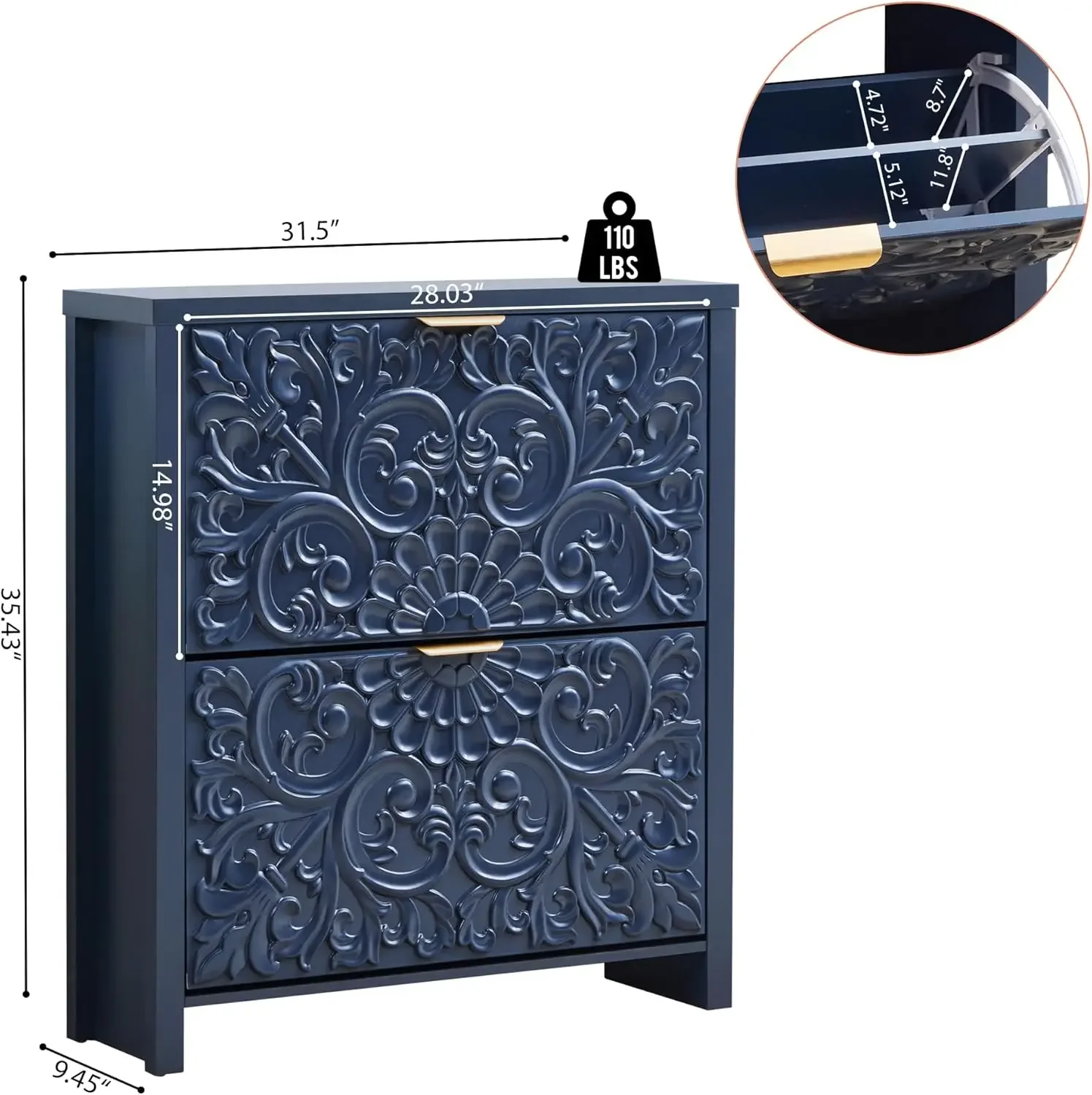 Midnight Blue Narrow Slim Shoe Storage Cabinet Hidden Organizer Two Tier Flip Drawers Carved Floral Entryway Hallway Foyer