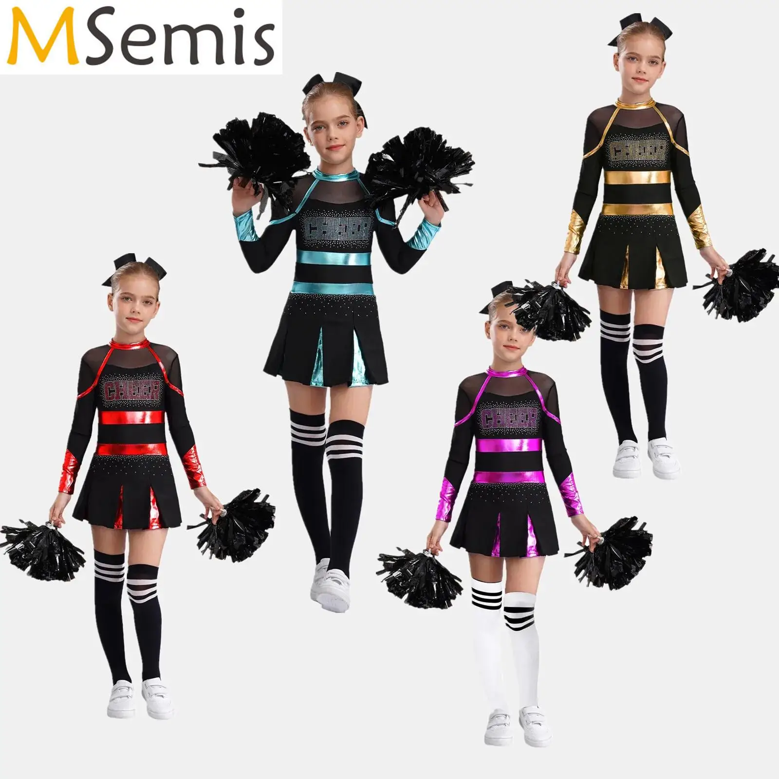 

Kids Girls Cheerleading Uniform Cheerleader Dance Costume Glittery Rhinestones Letter Pattern Metallic Long Sleeve Pleated Dress
