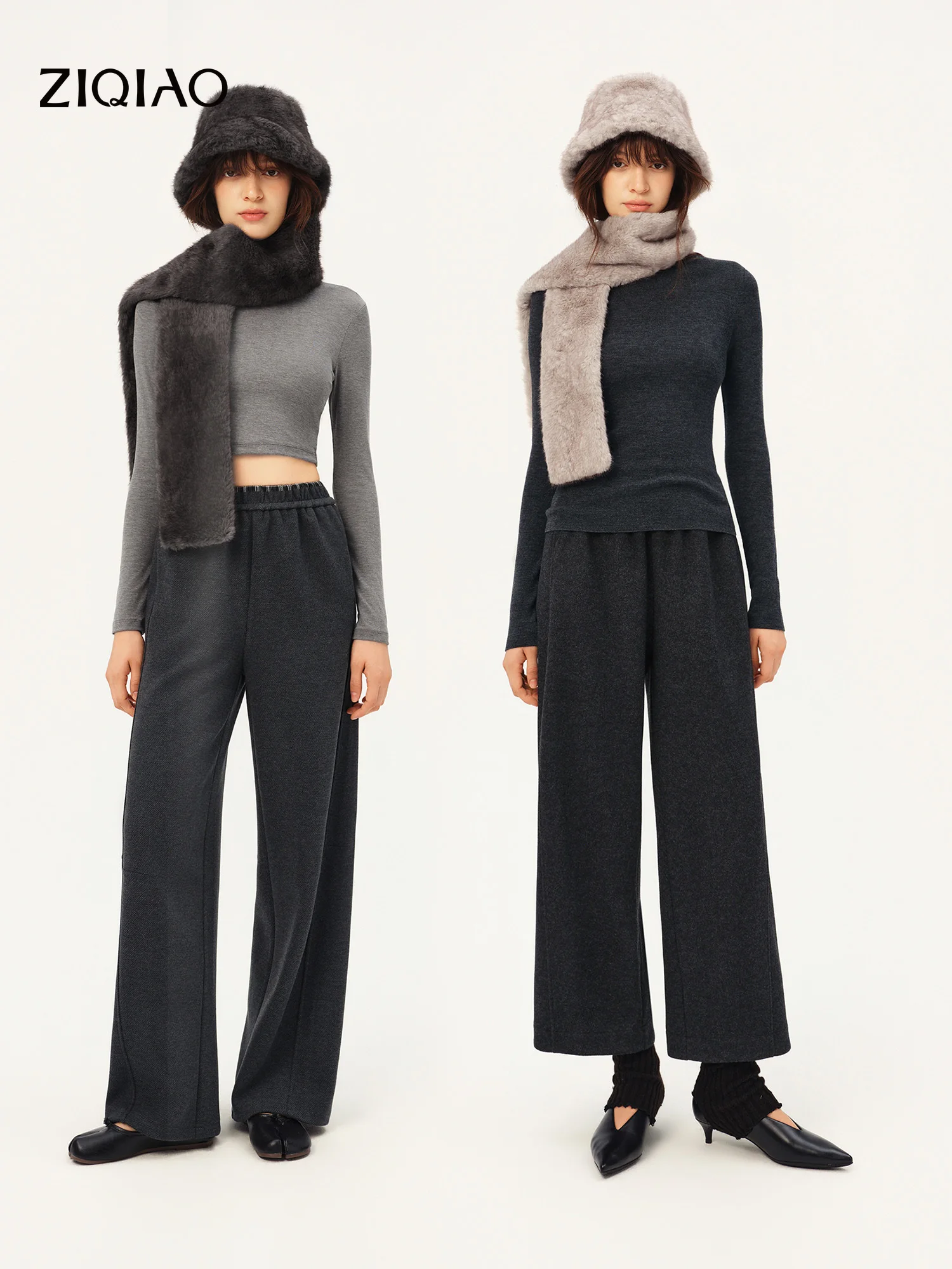 ZIQIAO 2026 Fall Women's Grey Faux Fur Snood & Bucket Hat Scarf Set - Elegant Soft Warm Cozy Chic Accessories for Everyday Wear
