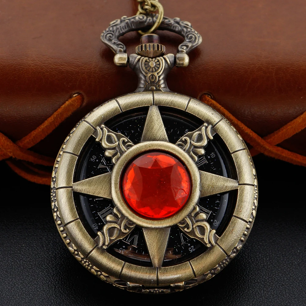 Hollow Relief Time Ruby Antique Quartz Pocket Watch Bronze Feature Fob Watch Men's Accessories Women's Children's Gift