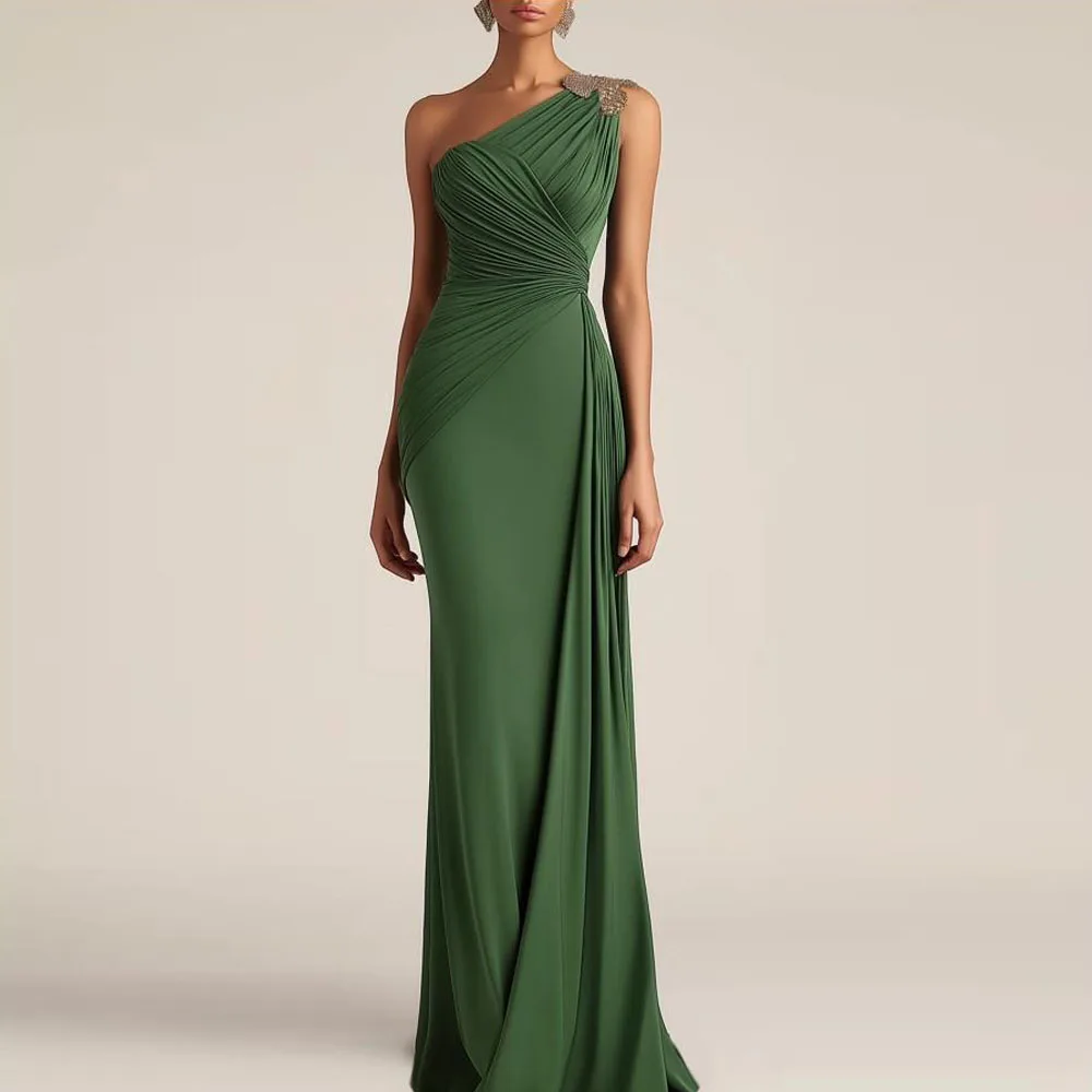 

Elegant Green Mermaid Evening Dresses Pleated Crystal Off The Shoulder Formal Dress Trumpet Meet Gala Vestidos Customized