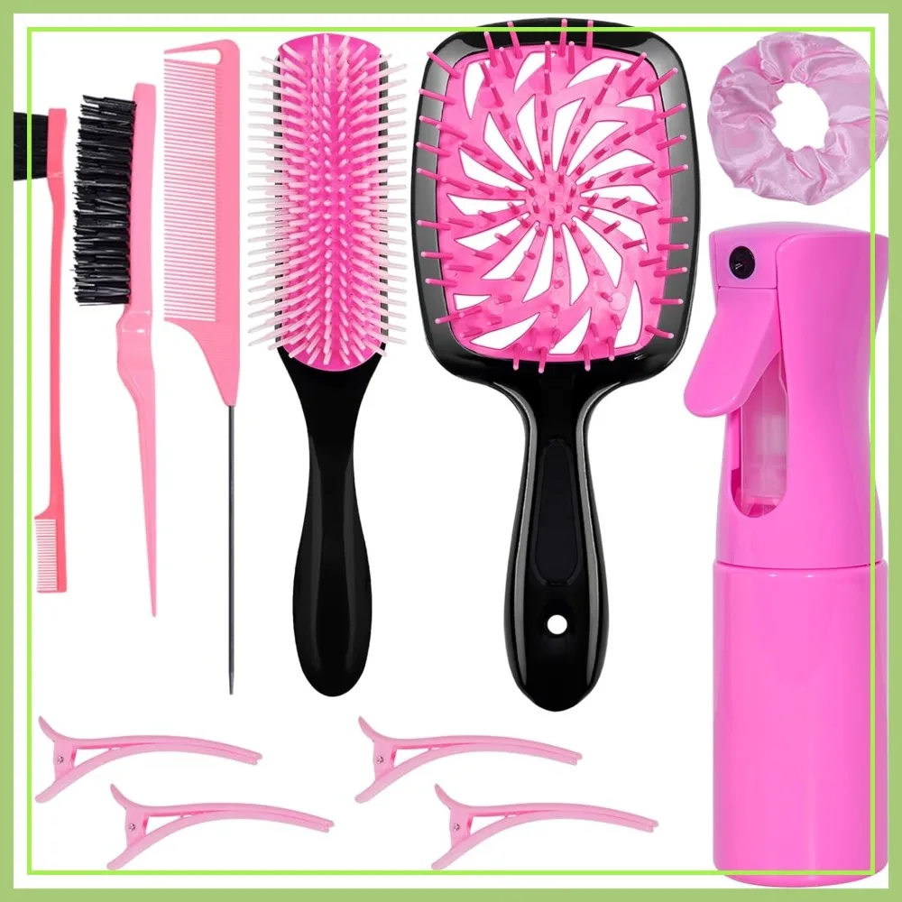 

11 Pcs Hair Brush Set: Detangle Brush & Spray Bottle, 3 Smooth Hairbrushes for Wet/Dry Hair, Adults & Kids (Pink)